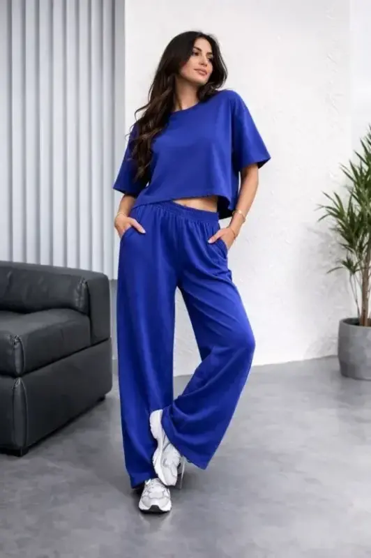 Osy Modal Yumuşak Dokulu Şalaş Oversize İkili Takım Bol Paça Pantolonlu Rahat Günlük Takım - Saks Mavisi - BÜYÜKBEDENIZ