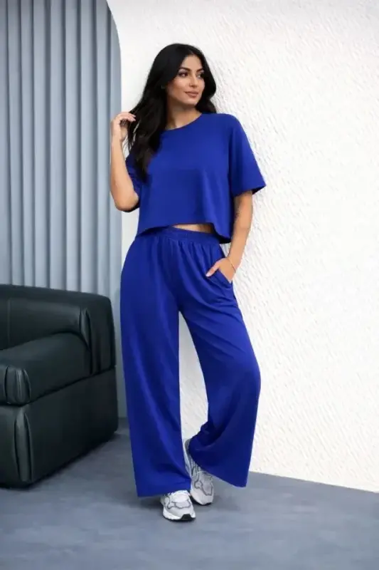 Osy Modal Yumuşak Dokulu Şalaş Oversize İkili Takım Bol Paça Pantolonlu Rahat Günlük Takım - Saks Mavisi - 4