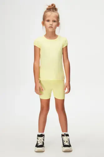 Открытый Желтый Basic Девочка Нулевой Воротник Арбуз Рукав Футболка-IRIS YELLOW - 5