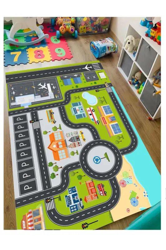Otoparklı Yol Çocuk Halısı Yıkanabilir Kaymaz Taban bebek Ve Çocuk Odası Halısı matı - gri - 3
