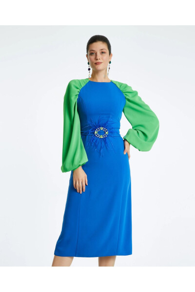 Otrish Belted Balloon Sleeve Blue Dress 38336 - SERPIL