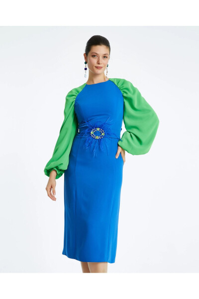 Otrish Belted Balloon Sleeve Blue Dress 38336 - 3