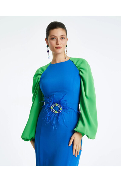 Otrish Belted Balloon Sleeve Blue Dress 38336 - 4