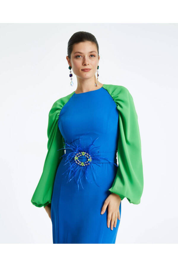 Otrish Belted Balloon Sleeve Blue Dress 38336 - 4