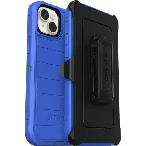 OtterBox iPhone 15 Plus and iPhone 14 Plus Defender Series Pro Case - RAIN Check (Blue), screenless, Rugged & Durable, with Port Protection, Includes Holster Clip Kickstand - 14