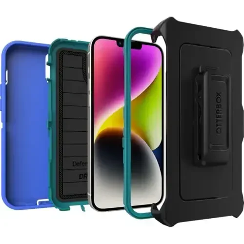 OtterBox iPhone 15 Plus and iPhone 14 Plus Defender Series Pro Case - RAIN Check (Blue), screenless, Rugged & Durable, with Port Protection, Includes Holster Clip Kickstand - 11