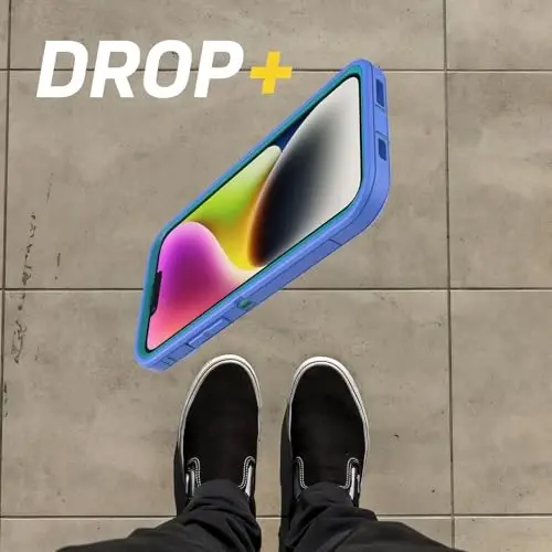 OtterBox iPhone 15 Plus and iPhone 14 Plus Defender Series Pro Case - RAIN Check (Blue), screenless, Rugged & Durable, with Port Protection, Includes Holster Clip Kickstand - 6