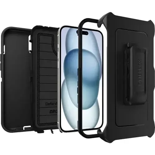OtterBox iPhone 15 Plus va iPhone 14 Plus Defender Series Pro korpusi - qora, ekransiz, mustahkam va chidamli, portlarni himoyalash bilan, cho'ntagida qistirgichli tayanchni o'z ichiga oladi - 4
