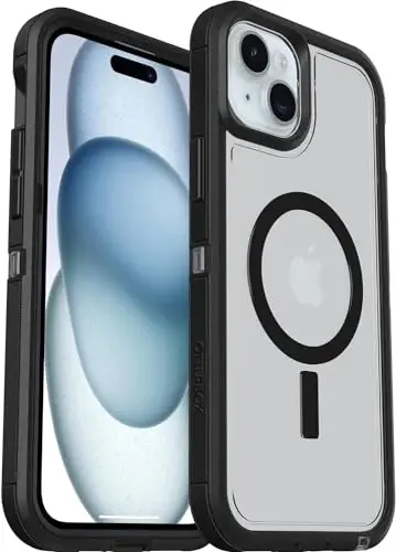OtterBox iPhone 15 Plus va iPhone 14 Plus Defender Series XT Case with MagSafe, Ekransiz, Mustahkam - Chakana bo'lmagan qadoqlash - Shaffof/Qora 