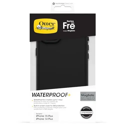 OtterBox iPhone 15 Plus ва iPhone 14 Plus FRĒ серии сув ўтказувчи қопчаси MagSafe билан (LifeProof томонидан ишланган) - BLACK, сув ўтказувчи, 60% қайта ишланган пластик, силлиқ ва мунтазам - 5