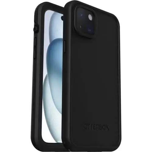 OtterBox iPhone 15 Plus ва iPhone 14 Plus FRĒ серии сув ўтказувчи қопчаси MagSafe билан (LifeProof томонидан ишланган) - BLACK, сув ўтказувчи, 60% қайта ишланган пластик, силлиқ ва мунтазам - 1