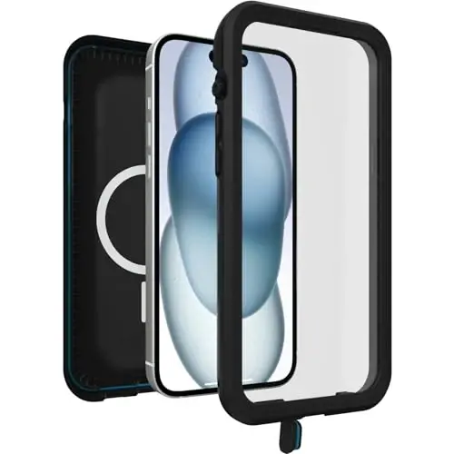 OtterBox iPhone 15 Plus ва iPhone 14 Plus FRĒ серии сув ўтказувчи қопчаси MagSafe билан (LifeProof томонидан ишланган) - BLACK, сув ўтказувчи, 60% қайта ишланган пластик, силлиқ ва мунтазам - 4
