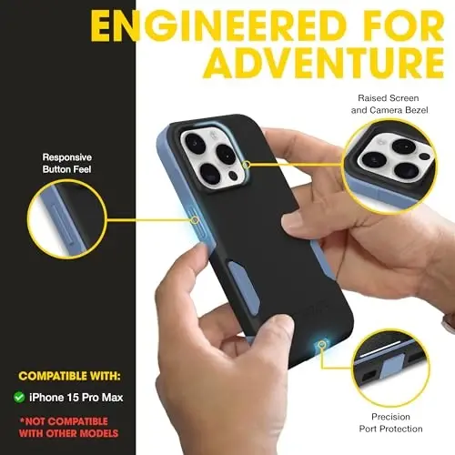 OtterBox iPhone 15 Pro Max Commuter Series MagSafe Case - Black & Blue | 3X MIL Drop Protection - Dual-Layer Shockproof Design - Pocket-Friendly - Raised Edges - Port Covers - 5