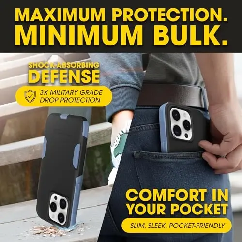 OtterBox iPhone 15 Pro Max Commuter Series MagSafe Case - Black & Blue | 3X MIL Drop Protection - Dual-Layer Shockproof Design - Pocket-Friendly - Raised Edges - Port Covers - OTTERBOX (1)