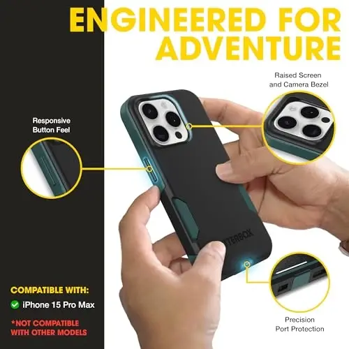 OtterBox iPhone 15 Pro Max Commuter Series MagSafe Case - Black & Green | 3X MIL Drop Protection - Dual-Layer Shockproof Design - Pocket-Friendly - Raised Edges - Port Covers - 2