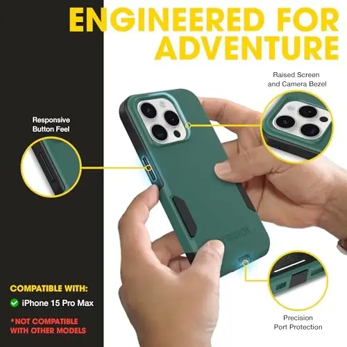 OtterBox iPhone 15 Pro Max Commuter Series MagSafe Case - Green & Black | 3X MIL Drop Protection - Dual-Layer Shockproof Design - Pocket-Friendly - Raised Edges - Port Covers - 1