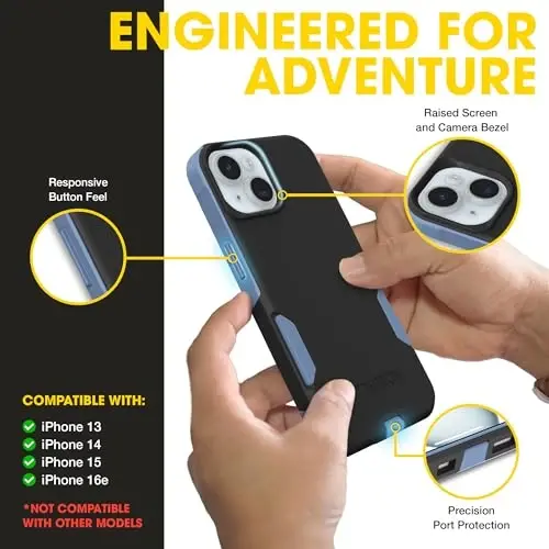 OtterBox iPhone 17e, 16e, 15, 14, 13 Commuter Series Case - Black & Blue | 3X Military Drop Protection - Slim - Dual-Layer Shockproof Design - Pocket-Friendly - Raised Edges - Port Covers - 3