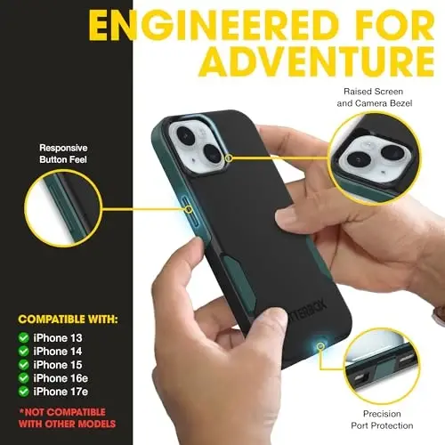 OtterBox iPhone 17e, 16e, 15, 14, 13 Commuter Series Case - Black & Green | 3X Military Drop Protection - Slim - Dual-Layer Shockproof Design - Pocket-Friendly - Raised Edges - Port Covers - 3