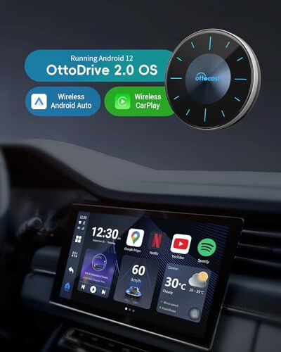 OTTOCAST P3 OttoAiBox - 2024 Android 12 CarPlay AI Box, Беспроводной адаптер CarPlay & Android Auto, 8GB+128GB, Выход HDMI, GPS, Просмотр видео YouTube, Netflix, TikTok и т. д. - 3