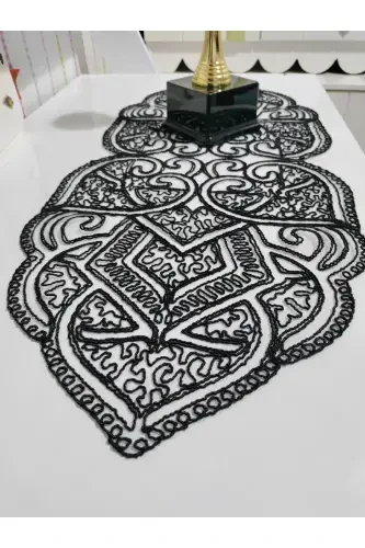 Ottoman 5 Pcs Luxury Runner Living Room Table Sofa Cover Set French Lace Dowry Set-Black - 4