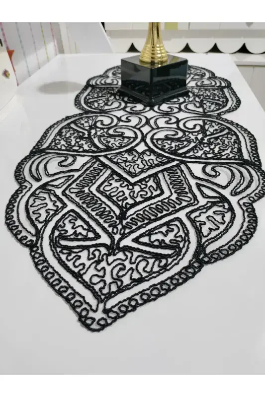 Ottoman 5 Pcs Luxury Runner Living Room Table Sofa Cover Set French Lace Dowry Set-Black - 4