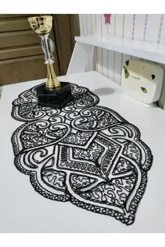 Ottoman 5 Pcs Luxury Runner Living Room Table Sofa Cover Set French Lace Dowry Set-Black - 5