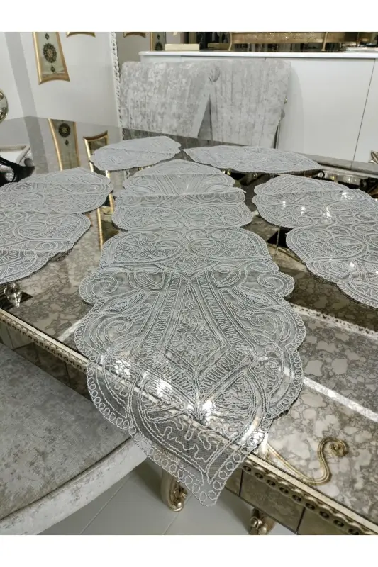 Ottoman 5 Piece Luxury Runner Living Room Table Coffee Table Cover Set French Lace Dowry Set-Gray - 4