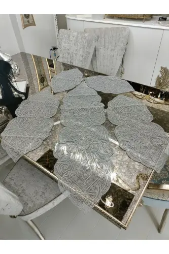 Ottoman 5 Piece Luxury Runner Living Room Table Coffee Table Cover Set French Lace Dowry Set-Gray - 5