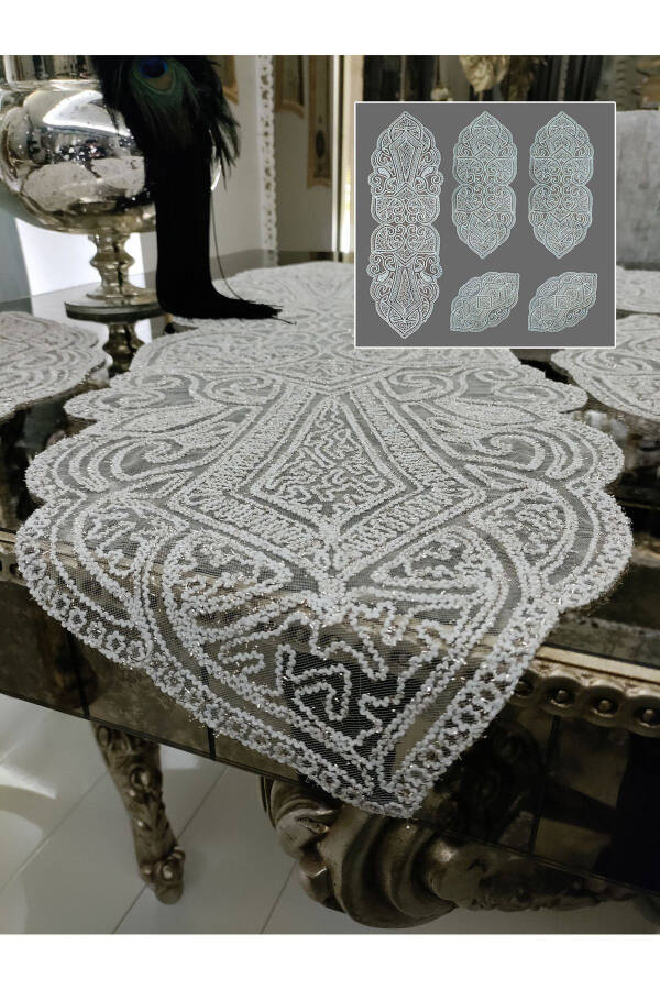 Ottoman 5 Piece Luxury Runner Living Room Table Coffee Table Cover Set French Lace Dowry Set With Glitter - 1