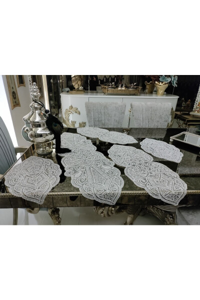 Ottoman 5 Piece Luxury Runner Living Room Table Coffee Table Cover Set French Lace Dowry Set With Glitter - 7