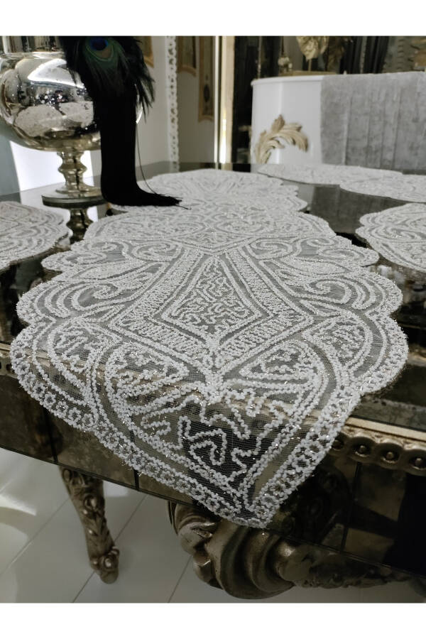 Ottoman 5 Piece Luxury Runner Living Room Table Coffee Table Cover Set French Lace Dowry Set With Glitter - 10