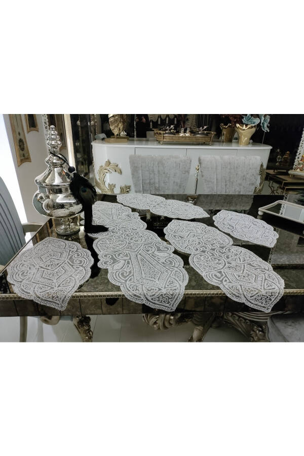 Ottoman 5 Piece Luxury Runner Living Room Table Coffee Table Cover Set French Lace Dowry Set With Glitter - 16