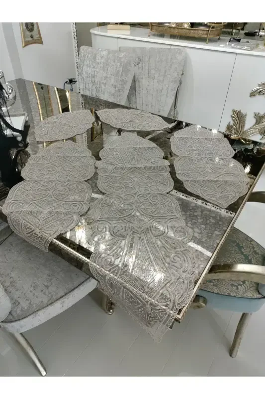 Ottoman 5 Pieces Luxury Runner Living Room Table Coffee Table Cover Set French Guipure Dowry Set-Milk Brown - 3