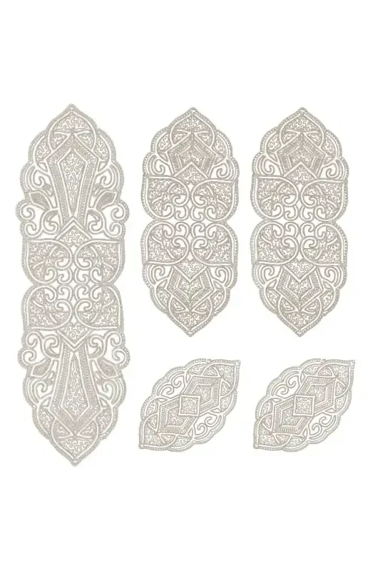 Ottoman 5 Pieces Luxury Runner Living Room Table Coffee Table Cover Set French Guipure Dowry Set-Milk Brown - 7