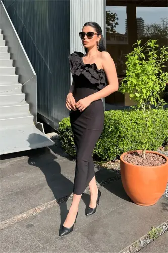 Ottoman Fabric One Sleeve Pencil Dress - BLACK - 1