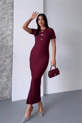Ottoman Fabric Pen Dress - BURGUNDY - 1