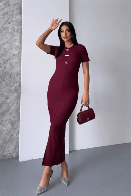 Ottoman Fabric Pen Dress - BURGUNDY - 1