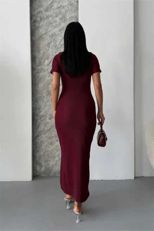 Ottoman Kumaş Kalem Elbise - BORDO - 5