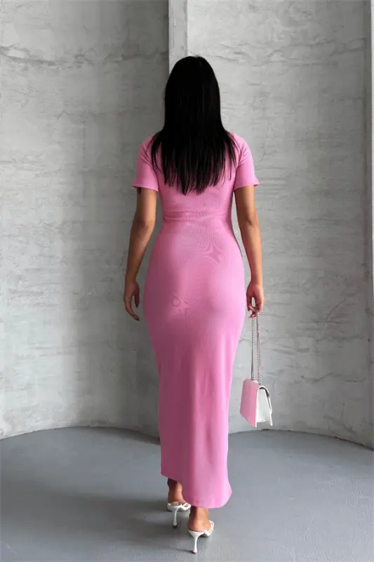 Ottoman Kumaş Kalem Elbise - PEMBE - 5