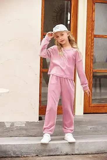 Oudiya Girls 2 Piece Outfit Sweatsuits Set Kids Velour Sweatshirts & Sweatpants Tracksuits Set for Girls - 3