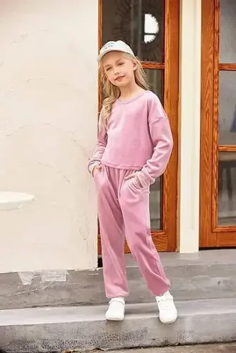 Oudiya Girls 2 Piece Outfit Sweatsuits Set Kids Velour Sweatshirts & Sweatpants Tracksuits Set for Girls - 5