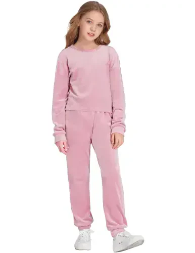 Oudiya Girls 2 Piece Outfit Sweatsuits Set Kids Velour Sweatshirts & Sweatpants Tracksuits Set for Girls - 7