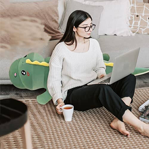 OULV Dinosaur Plush Toy Pillow,Cute Dinosaur Stuffed Animals Doll,Soft Lumbar Back Cushion Big Dinosaur Plushies Stuffed Toy Cute Pillows,Great Gift for Kids Birthday,Valentine (Green,31.4in) - 2