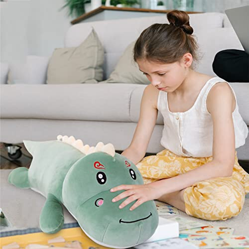 OULV Dinosaur Plush Toy Pillow,Cute Dinosaur Stuffed Animals Doll,Soft Lumbar Back Cushion Big Dinosaur Plushies Stuffed Toy Cute Pillows,Great Gift for Kids Birthday,Valentine (Green,31.4in) - 4