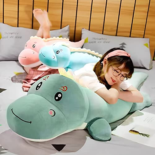 Dinosaurs Plush Toy Pillow,Cute Dinosaur Stuffed Animals Doll,Soft Lumbar Back Cushion Big Dinosaurs Plushies Stuffed Toy Cute Pillows,Great Gift for Kids Birthday,Valentine (Green,31.4in) - 6