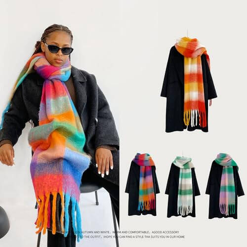 OUNIYA Large Chunky Plaid Scarf Checked Colorful Oversized Scarves Soft Big Cashmere Wool Thick Winter Warm Blanket Women - 2