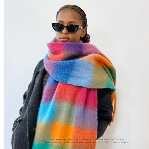 OUNIYA Large Chunky Plaid Scarf Checked Colorful Oversized Scarves Soft Big Cashmere Wool Thick Winter Warm Blanket Women - 3