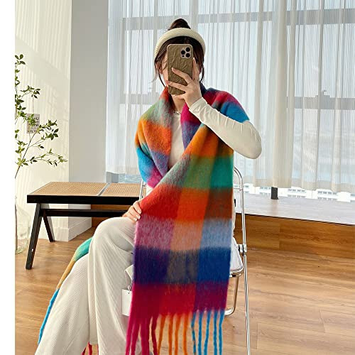 OUNIYA Large Chunky Plaid Scarf Checked Colorful Oversized Scarves Soft Big Cashmere Wool Thick Winter Warm Blanket Women - 5