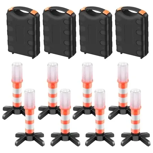 OurLeeme Emergency Lights, LED Roadside Warning Lights Flashing Road Safety Work Light Flare Strobe Light Warning Sticks with Storage Case (Orange, 8 Set Lights), Black - 7