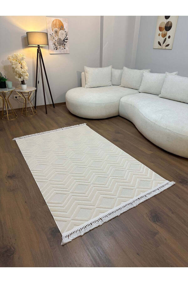 OUTLET ARYA 5024-G Cotton Woven Base Geometric Patterned Living Room Hallway Kitchen Rug - CREAM - 5